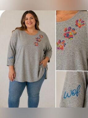 Quacker Factory Women's Petal Paws French Terry Embroidered Top Gray - Regular